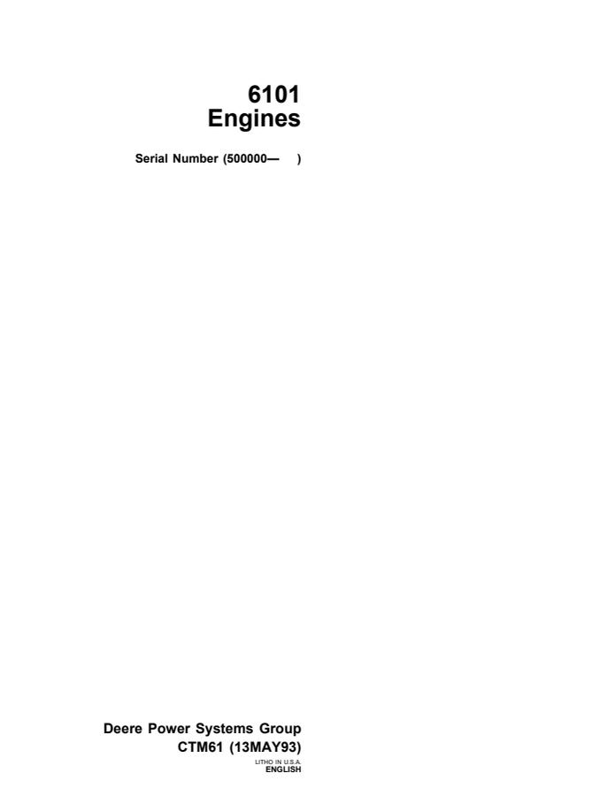 John Deere 6101, 10.1L Engine Component technical manual CTM61 — actual manual cover