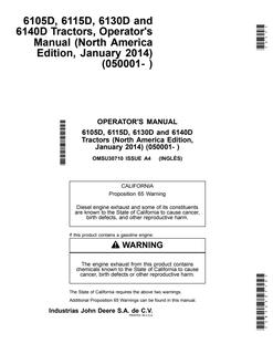 John Deere 6105D; 6115D; 6130D; 6140D Tractor Operator manual OMSU30710 — actual manual cover