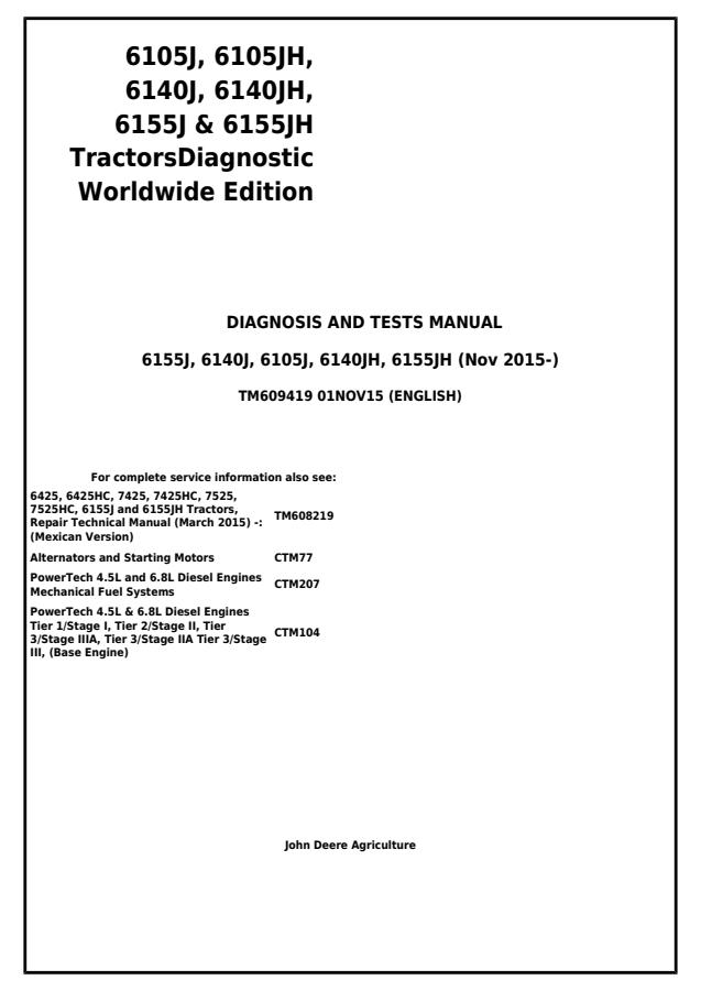 John Deere 6105J, 6105JH, 6140J, 6140JH, 6155J, 6155JH Tractor Diagnosis and tests manual TM609419 — actual manual cover
