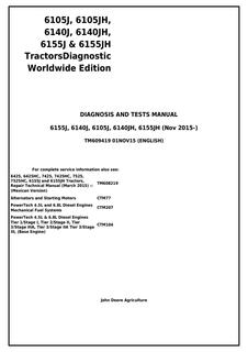 John Deere 6105J, 6105JH, 6140J, 6140JH, 6155J, 6155JH Tractor Diagnosis and tests manual TM609419 — actual manual cover