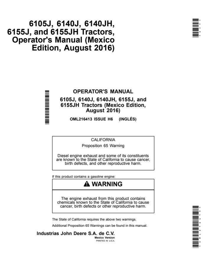 John Deere 6105J; 6140J; 6140JH; 6155J; 6155JH Tractor Operator manual OML216413 — actual manual cover