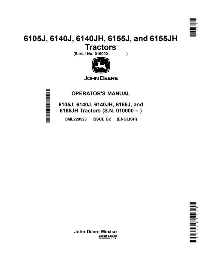 John Deere 6105J; 6140J; 6140JH; 6155J; 6155JH Tractor Operator manual OML228528 — actual manual cover
