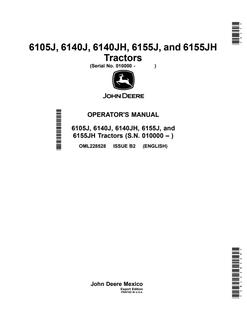 John Deere 6105J; 6140J; 6140JH; 6155J; 6155JH Tractor Operator manual OML228528 — actual manual cover