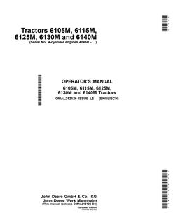 John Deere 6105M; 6115M; 6125M; 6130M; 6140M Tractor Operator manual OMAL213126 — actual manual cover