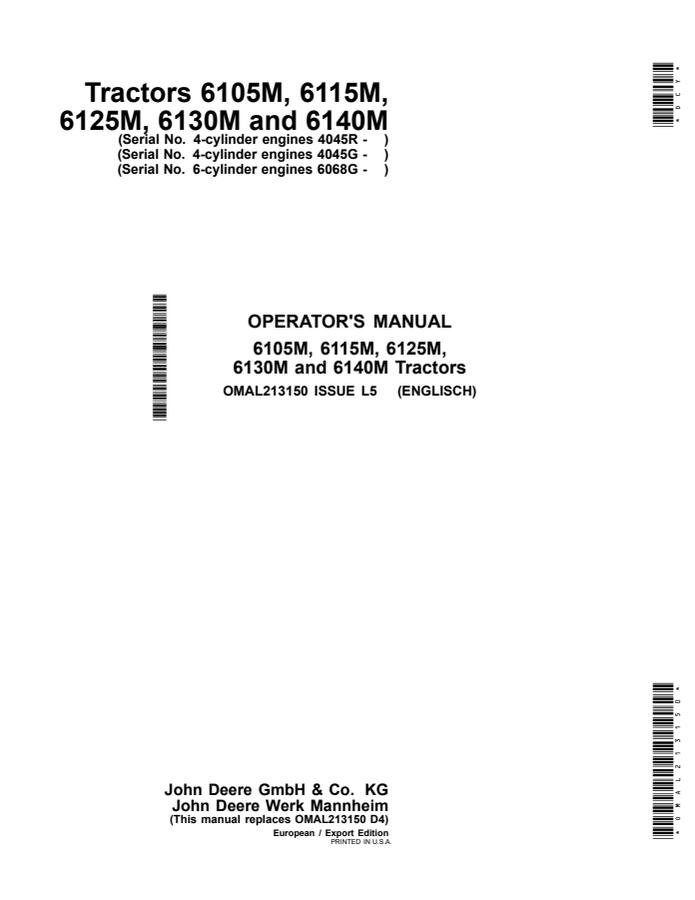 John Deere 6105M; 6115M; 6125M; 6130M; 6140M Tractor Operator manual OMAL213150 — actual manual cover