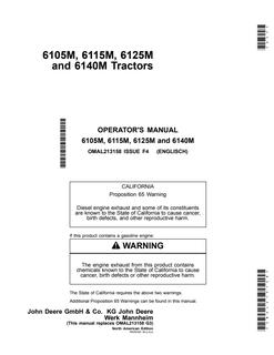 John Deere 6105M; 6115M; 6125M; 6140M Tractor Operator manual OMAL213158 — actual manual cover