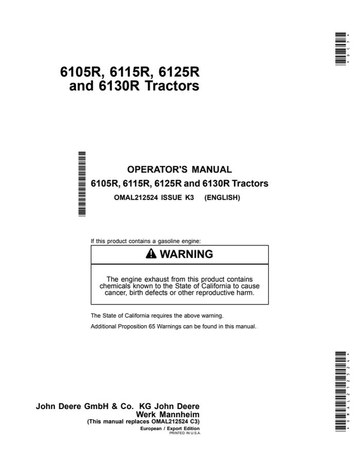 John Deere 6105R; 6115R; 6125R; 6130R Tractor Operator manual OMAL212524 — actual manual cover