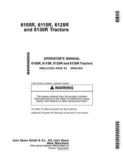 John Deere 6105R; 6115R; 6125R; 6130R Tractor Operator manual OMAL212524 — actual manual cover