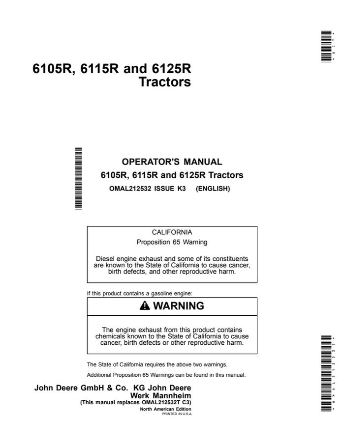 John Deere 6105R; 6115R; 6125R Tractor Operator manual OMAL212532 — actual manual cover