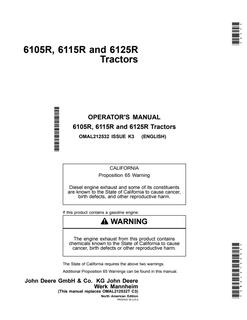 John Deere 6105R; 6115R; 6125R Tractor Operator manual OMAL212532 — actual manual cover
