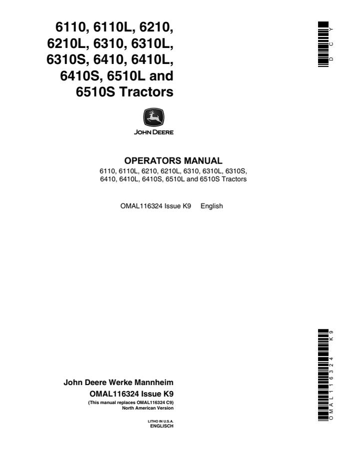 John Deere 6110; 6110L; 6210; 6210L; 6310; 6310L; 6310S; 6410; 6410L; 6410S; 6510L; 6510S Tractor Operator manual OMAL116324 — actual manual cover
