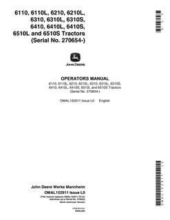 John Deere 6110; 6110L; 6210; 6210L; 6310; 6310L; 6310S; 6410; 6410L; 6410S; 6510L; 6510S Tractor Operator manual OMAL152911 — actual manual cover