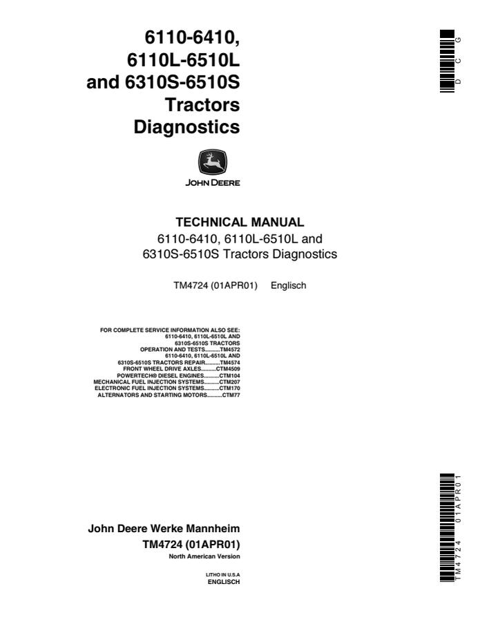 John Deere 6110–6410, 6110L–6510L, 6310S–6510S Tractor Diagnostics manual TM4724 — actual manual cover