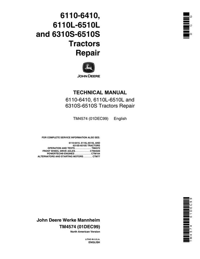John Deere 6110–6410, 6110L–6510L, 6310S–6510S Tractor Repair technical manual TM4574 — actual manual cover