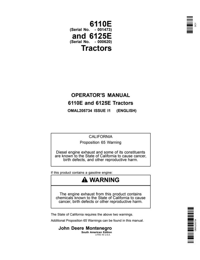 John Deere 6110E; 6125E Tractor Operator manual OMAL205734 — actual manual cover