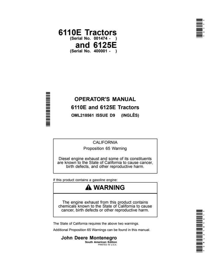 John Deere 6110E; 6125E Tractor Operator manual OML218561 — actual manual cover