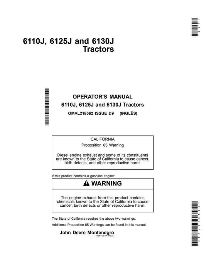 John Deere 6110J; 6125J; 6130J Tractor Operator manual OMAL218562 — actual manual cover