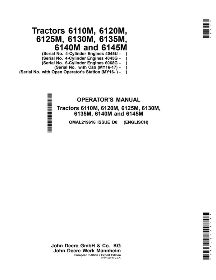 John Deere 6110M; 6120M; 6125M; 6130M; 6135M; 6140M; 6145M Tractor Operator manual OMAL219616 — actual manual cover