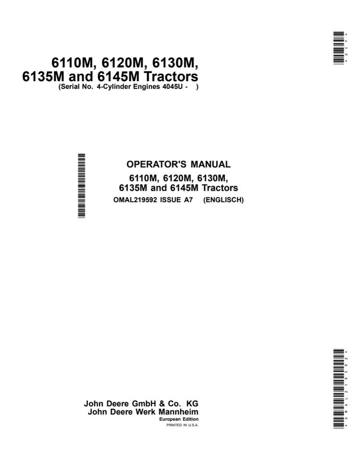 John Deere 6110M; 6120M; 6130M; 6135M; 6145M Tractor Operator manual OMAL219592 — actual manual cover