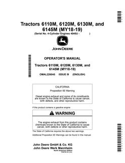 John Deere 6110M; 6120M; 6130M; 6145M (MY18–MY19) Tractor Operator manual OMAL226045 — actual manual cover