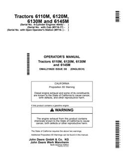 John Deere 6110M, 6120M, 6130M, 6145M Tractor Operator manual OMAL219620 — actual manual cover