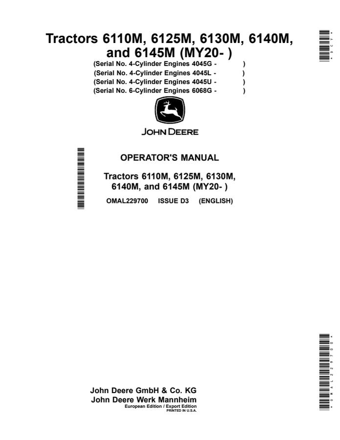 John Deere 6110M, 6125M, 6130M, 6140M, 6145M Tractor Operator manual OMAL229700 — actual manual cover