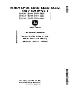 John Deere 6110M, 6125M, 6130M, 6140M, 6145M Tractor Operator manual OMAL229700 — actual manual cover