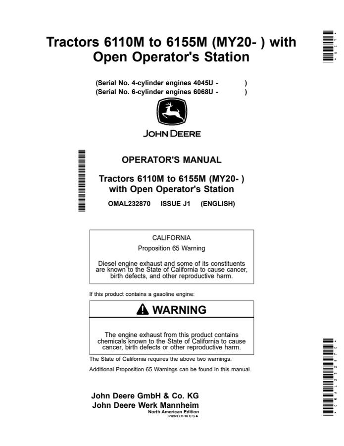 John Deere 6110M to 6155M; Open Operator Station (MY20 and later) Tractor Operator manual OMAL232870 — actual manual cover