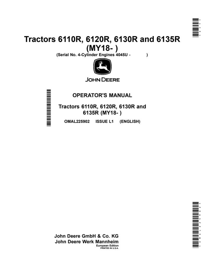 John Deere 6110R; 6120R; 6130R; 6135R (MY18 and later) Tractor Operator manual OMAL225902 — actual manual cover