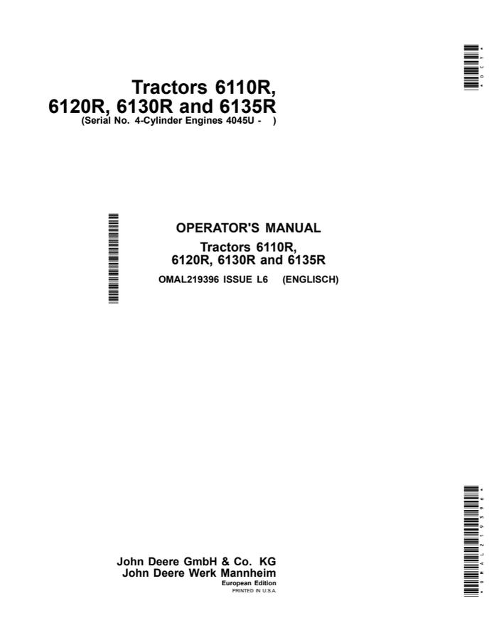 John Deere 6110R; 6120R; 6130R; 6135R Tractor Operator manual OMAL219396 — actual manual cover