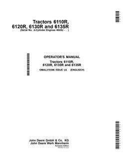 John Deere 6110R; 6120R; 6130R; 6135R Tractor Operator manual OMAL219396 — actual manual cover