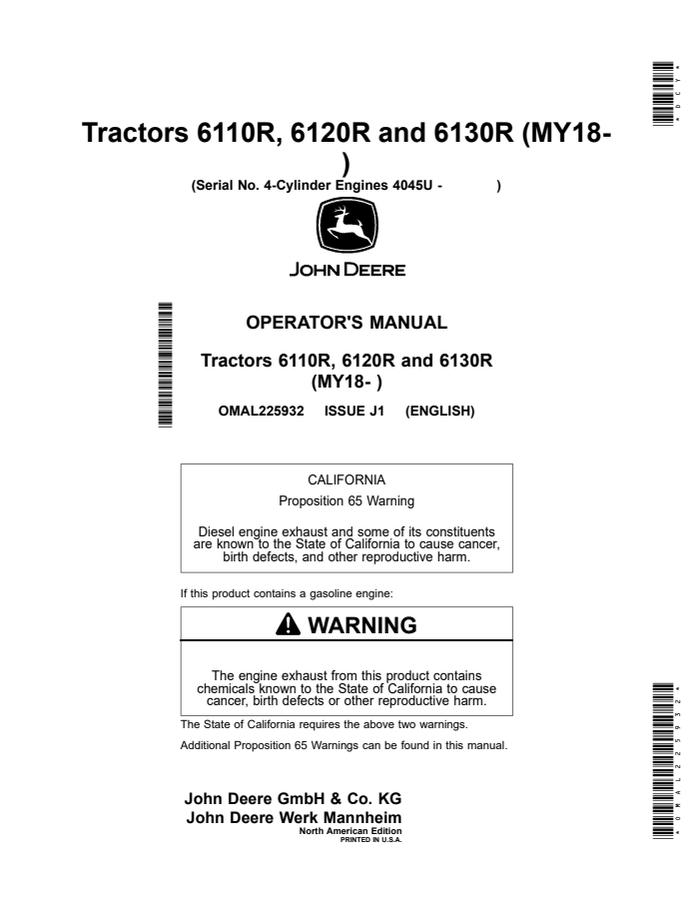John Deere 6110R; 6120R; 6130R (MY18 and later) Tractor Operator manual OMAL225932 — actual manual cover