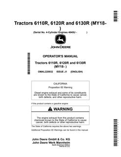 John Deere 6110R; 6120R; 6130R (MY18 and later) Tractor Operator manual OMAL225932 — actual manual cover