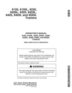 John Deere 6120; 6120L; 6220; 6220L; 6320; 6320L; 6420; 6420L; 6520L Tractor Operator manual OMAL152844 — actual manual cover