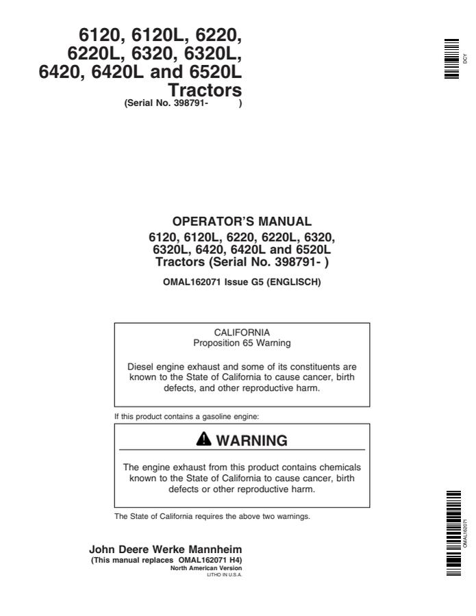 John Deere 6120; 6120L; 6220; 6220L; 6320; 6320L; 6420; 6420L; 6520L Tractor Operator manual OMAL162071 — actual manual cover