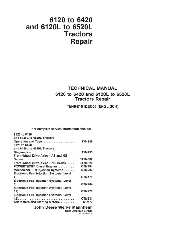 John Deere 6120 to 6420; 6120L to 6520L Tractor Repair Technical Manual TM4647 — actual manual cover