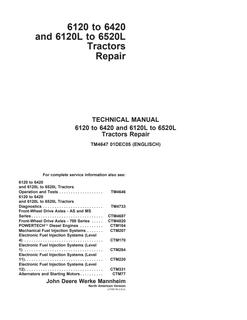 John Deere 6120 to 6420; 6120L to 6520L Tractor Repair Technical Manual TM4647 — actual manual cover