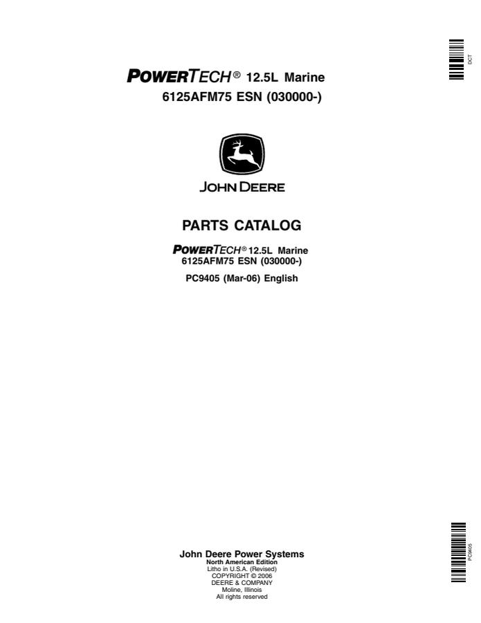 John Deere 6125AFM75 Marine engine Parts catalog PC9405 — actual manual cover