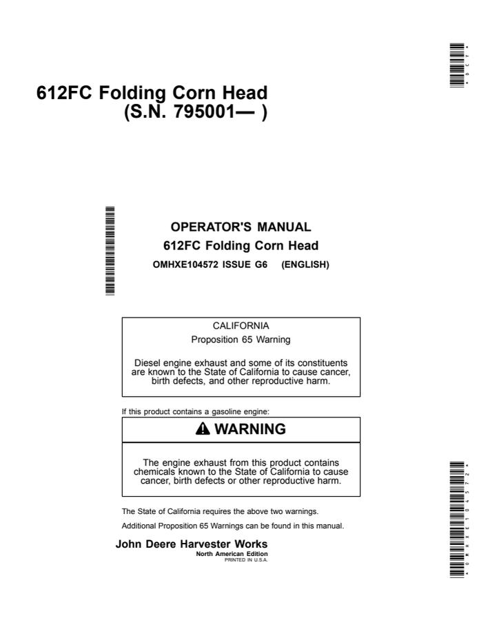 John Deere 612FC Folding corn head Operator manual OMHXE104572 — actual manual cover