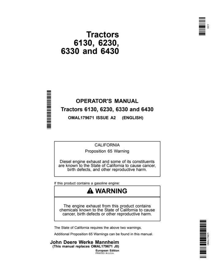 John Deere 6130; 6230; 6330; 6430 Tractor Operator manual OMAL179671 — actual manual cover