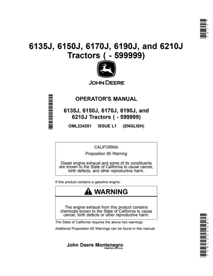 John Deere 6135J; 6150J; 6170J; 6190J; 6210J Tractor Operator manual OML224281 — actual manual cover