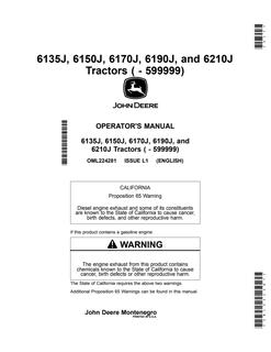 John Deere 6135J; 6150J; 6170J; 6190J; 6210J Tractor Operator manual OML224281 — actual manual cover