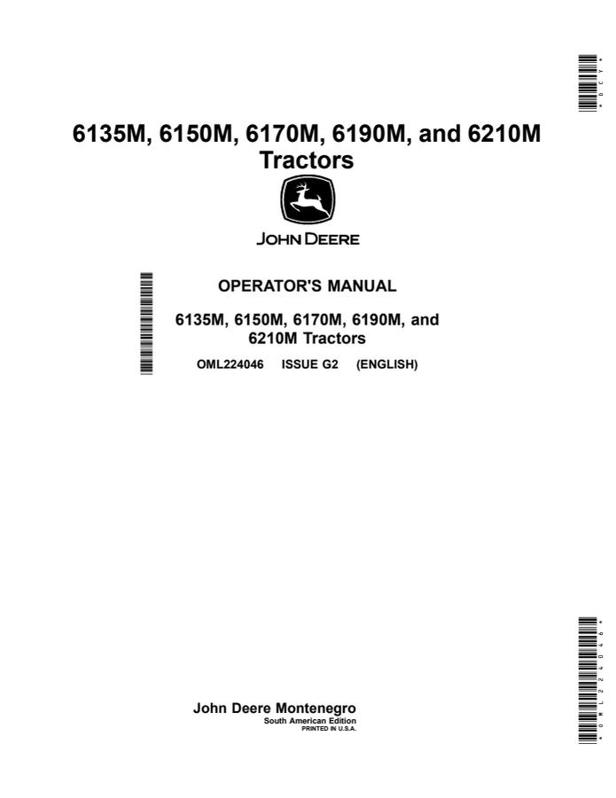 John Deere 6135M; 6150M; 6170M; 6190M; 6210M Tractor Operator manual OML224046 — actual manual cover