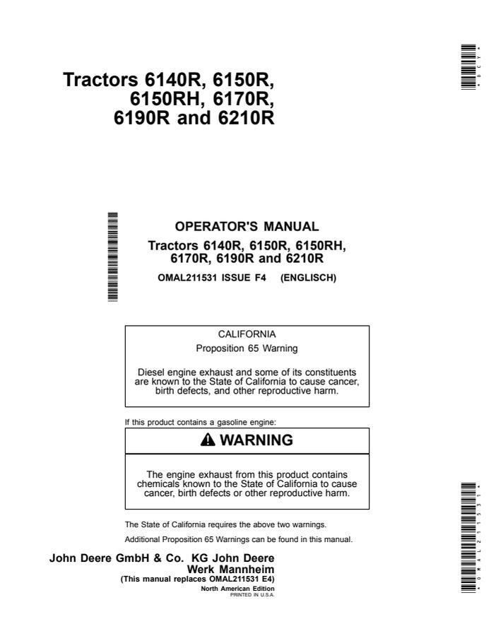 John Deere 6140R; 6150R; 6150RH; 6170R; 6190R; 6210R Tractor Operator manual OMAL211531 — actual manual cover