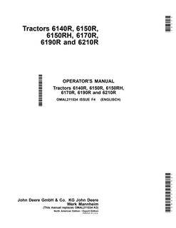 John Deere 6140R; 6150R; 6150RH; 6170R; 6190R; 6210R Tractor Operator manual OMAL211534 — actual manual cover