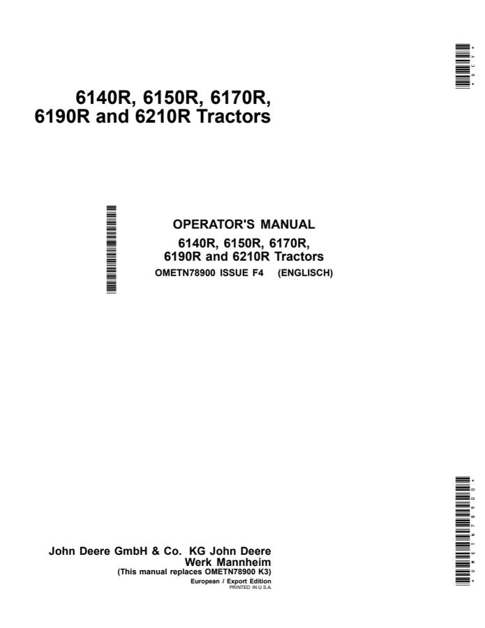 John Deere 6140R, 6150R, 6170R, 6190R, 6210R Tractor Operator's manual OMETN78900 — actual manual cover
