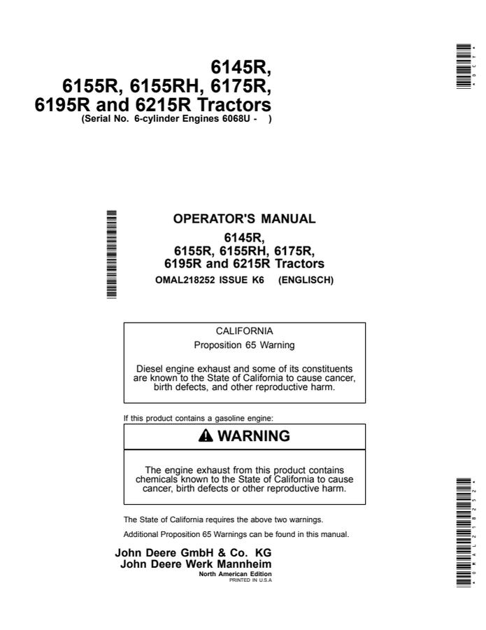 John Deere 6145R; 6155R; 6155RH; 6175R; 6195R; 6215R Tractor Operator manual OMAL218252 — actual manual cover