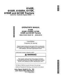 John Deere 6145R; 6155R; 6155RH; 6175R; 6195R; 6215R Tractor Operator manual OMAL218252 — actual manual cover
