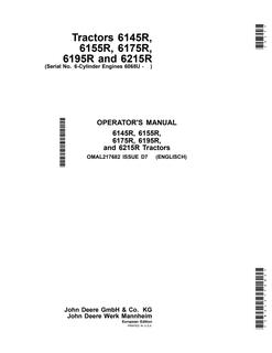 John Deere 6145R; 6155R; 6175R; 6195R; 6215R Tractor Operator manual OMAL217682 — actual manual cover