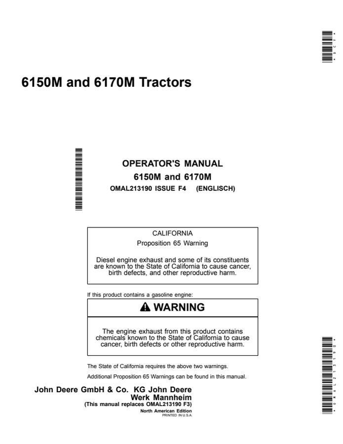 John Deere 6150M; 6170M Tractor Operator manual OMAL213190 — actual manual cover